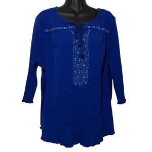 Catherines Womens Blouse Plus Size 2X Blue Relaxed Peasant Gauze Tassel Tie Neck